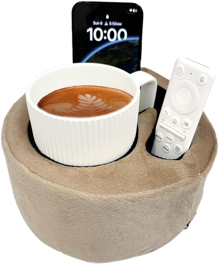 Xchouxer Couch Cup Holder Pillow, Sofa and Bed Organizer Caddy for Drinks, Remotes, Phones (Beige) - Image 1